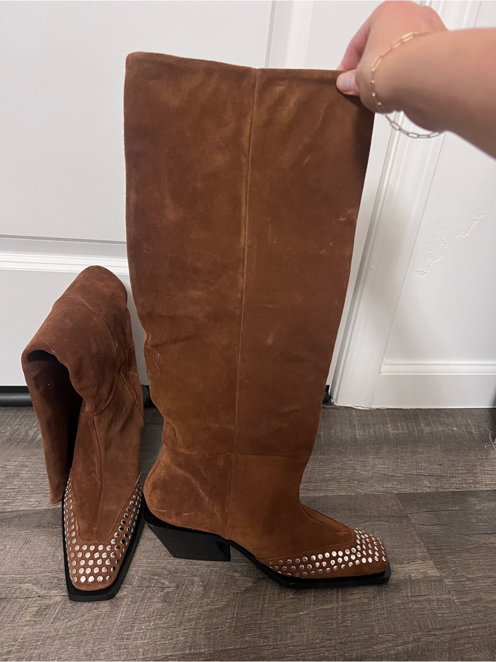 Brand New Suede Knee-High Studded Western Boots - Brown